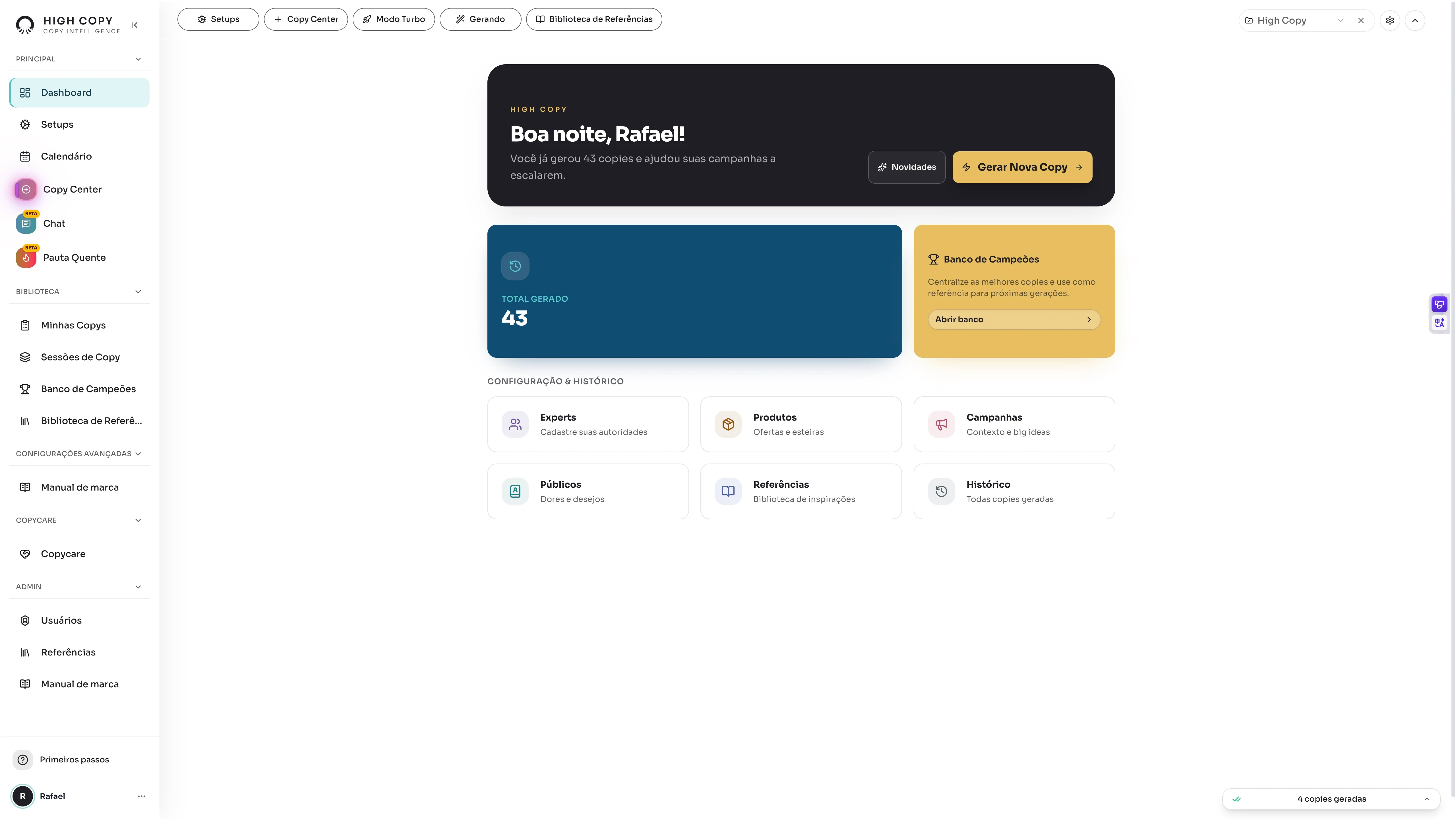 Dashboard da High Copy com histórico e dados do projeto